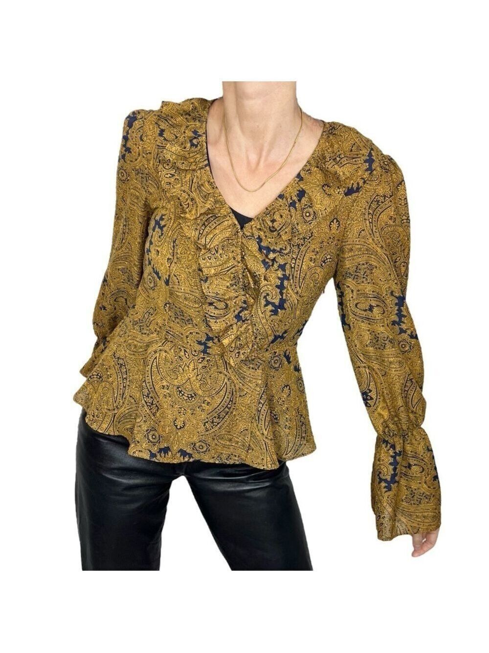 Vintage brown gold blue metallic paisley ruffle chiffon blouse top